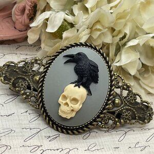Gothic Punk Blue SKULL Black  RAVEN Cameo Wedding Prom Pin Hair Clip Viking CROW